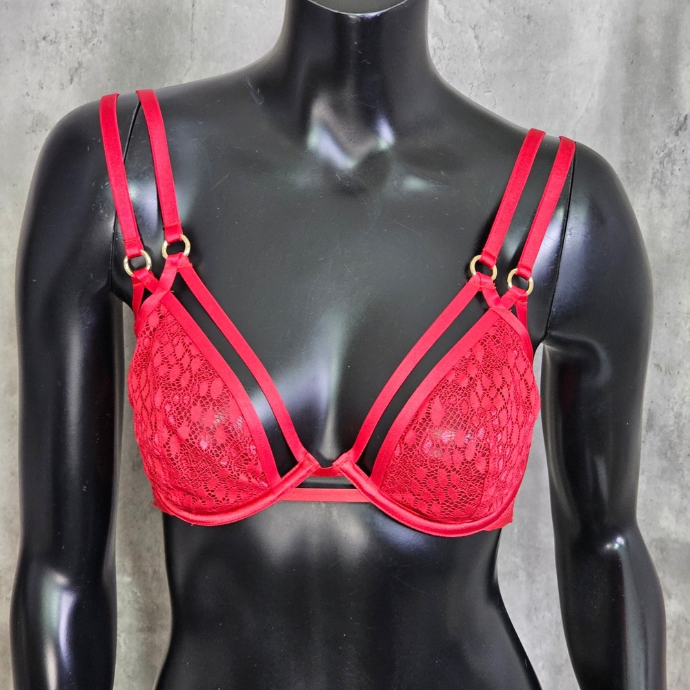 Victoria's Secret Very Sexy Unlined Plunge Bra Red Lace Strappy 34D‎